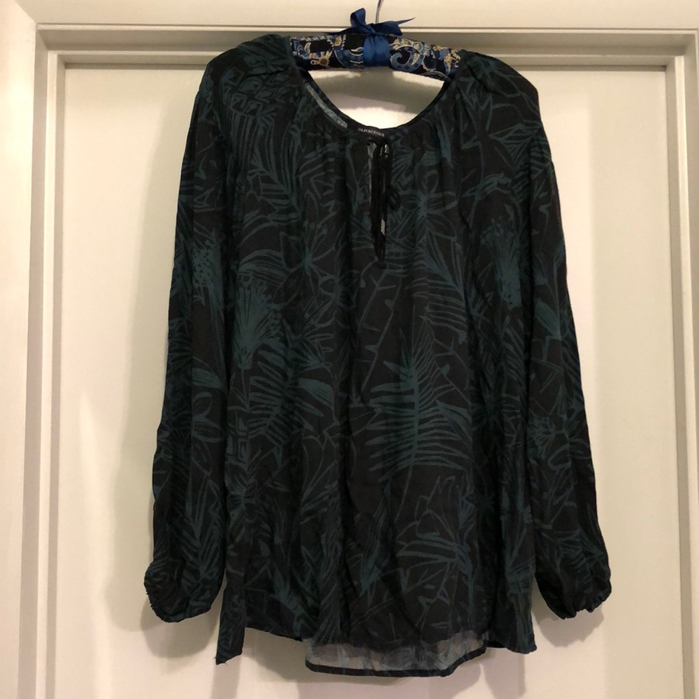 Olivaceous dark tropical print peasant blouse